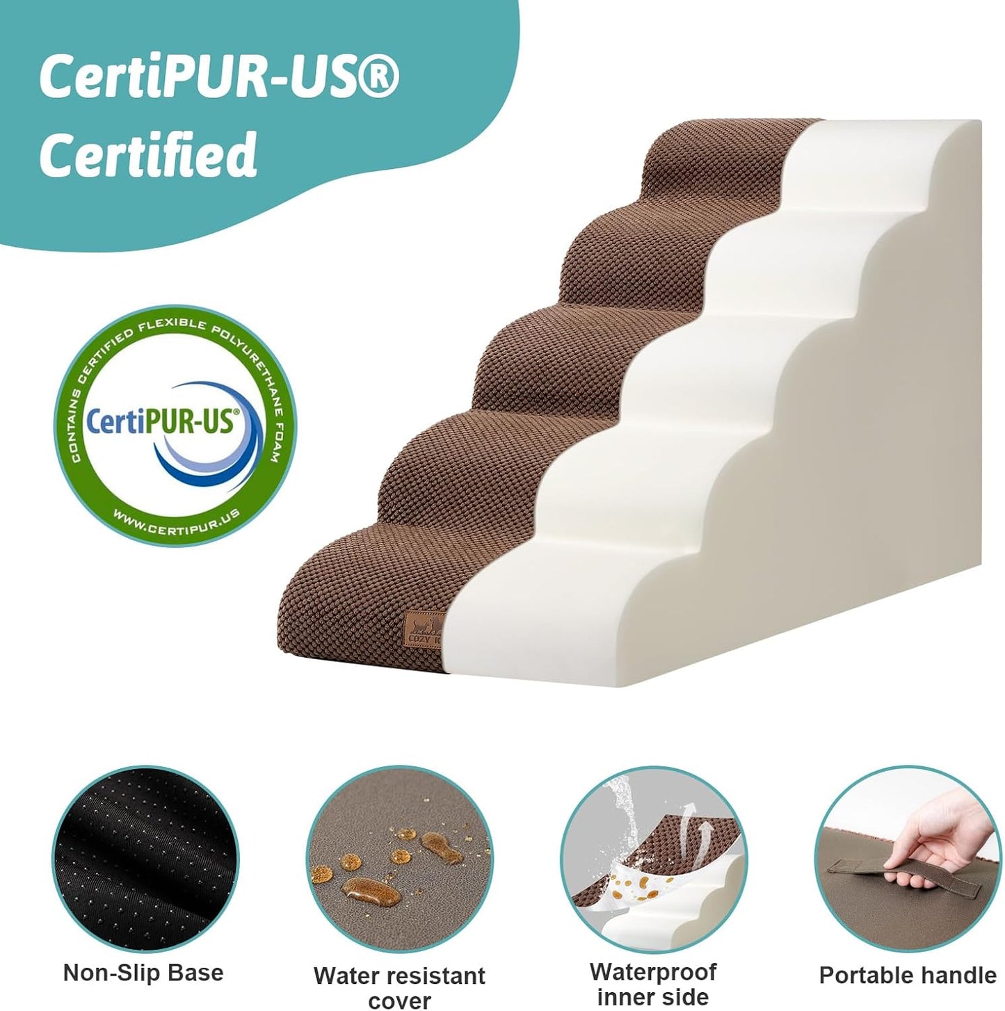 Dog Stairs for High Bed 22.6" H, Small Dog Step for Puppy, Older or Cat, Curved Ramp for Car, Ladder with High Density Foam, Lightweight, Durable, 15.7x33x22.6 inch, 5 Step, Brown - Pawvie