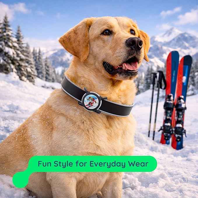 Dog AirTag Holder for Dog Collar, Soft Silicone Slide-On Case for Apple AirTag, No-Dangle Quiet Protective Holder with Eye-Catching Pet Character Designs, Black-Ski Racer