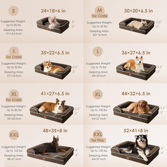 EHEYCIGA Orthopedic Dog Beds for Extra Large Dogs, Waterproof Memory Foam XL Dog Bed with Sides, Non-Slip Bottom and Egg-Crate Foam Big Pet Couch Bed with Washable Removable Cover, Brown