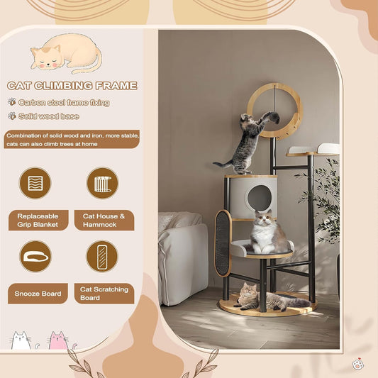 Cat Tree, 66In Cat Tower with Scratching Post, Tall Multi-Level Cat Houses for Indoor Cats Large Adult, Cute Cat Post Cat Condos with Dangling Ball,Plush Platform, Hammock, Big Cats Climbing Tower