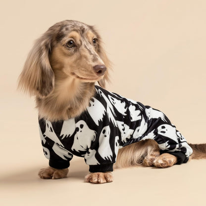 Fitwarm Halloween Ghost Dog Pajamas, Funny Halloween Costumes for Dogs, Fleece Dog Onesie with Feet, Doggy Clothes for Small Dogs Boy Girl, Pet Apparel, Black, White, Large