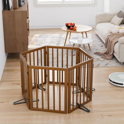 Freestanding Pet Gate Foldable Dog Gate (110 inches Wide) Walnut Bamboo Dog Gates for Stair Doorways House Puppy Fences Indoor (4 Support Feet Included)