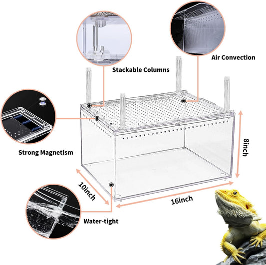 【No Assembly】 Reptile Tank Enclosure with Magnetic Button.16" * 10" * 8" Thicken Snake Enclosure Cage,Batch Stackable Reptile Breeding Tank for Insect,Fish,Tarantula,Hermit Crab,Jumping Spider