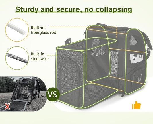 Pecute Pet Carrier Backpack, Large Cat Carrier Backpack, Expandable cat Backpack with Breathable Mesh for Medium Dogs Cats, or 2 Small Pets, Dog Backpack Carrier for Travel Hiking, Black - Pawvie