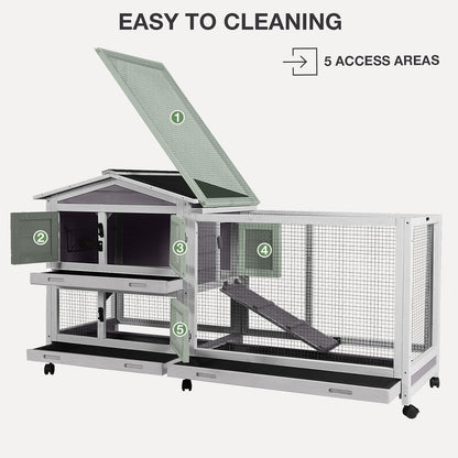 2-Story Indoor Rabbit Hutch with Chew-Proof Outdoor Rabbit Cage with 6 Locking Casters Bunny Cage 2 Pull-Out Trays Guinea Pigs Cage 62"