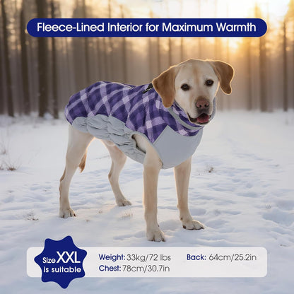 FUAMEY Dog Coat for Medium Dogs,Waterproof Dog Winter Jacket with Harness Built in Puppy Cold Weather Coats Reflective Pet Vest with Zipper Warm Fleece Dogs Snowsuit Windproof Purple Plaid M