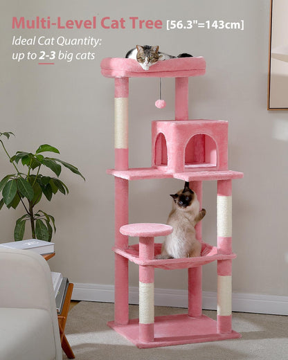 Cat Tree for Large Cats with Metal Plush Big Hammock, 56.3" Cat Tower for Indoor Cats with 2 Door Condo House, 6-Tier Cat Shelves with Scratching Posts and Large Top Perch, Pink