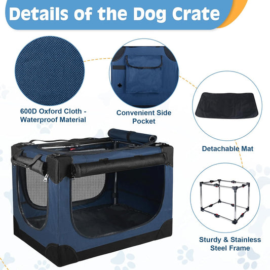 24 inch Small Dog Crate - for Small Dogs, Portable Travel Pet Crate with 4 Mesh Doors, Foldable Car Kennel for Puppy with Handle for Indoor and Outdoor, Bule