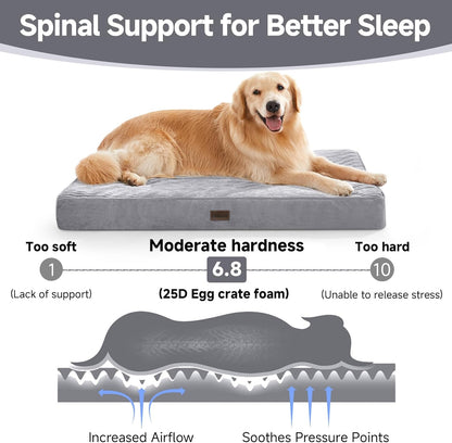 OhGeni Orthopedic Waterproof & Machine Washable Dog Bed for Large Pets, Suitable for Crates, 25D Egg Crate Foam, Non-Slip Bottom & Removable Cover, Corduroy Fabric, 41 Inches(Gray)