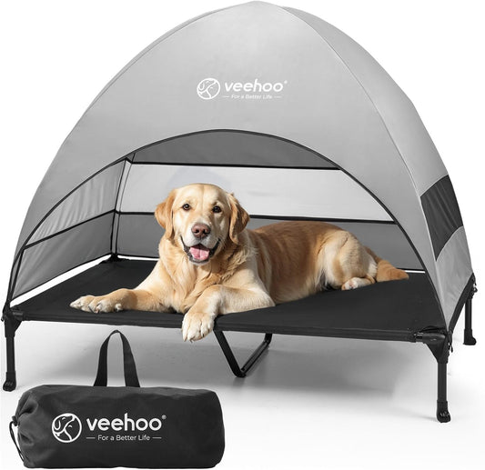 Veehoo Outdoor Dog Bed with Canopy, Cooling Elevated Pet Cot with Removable Shade, Non-Slip Feet, Raised Dog Cot for Large Dogs, Pet Tent Bed for Camping, Beach, XLarge, Black + Grey, CWC2411 - Pawvie