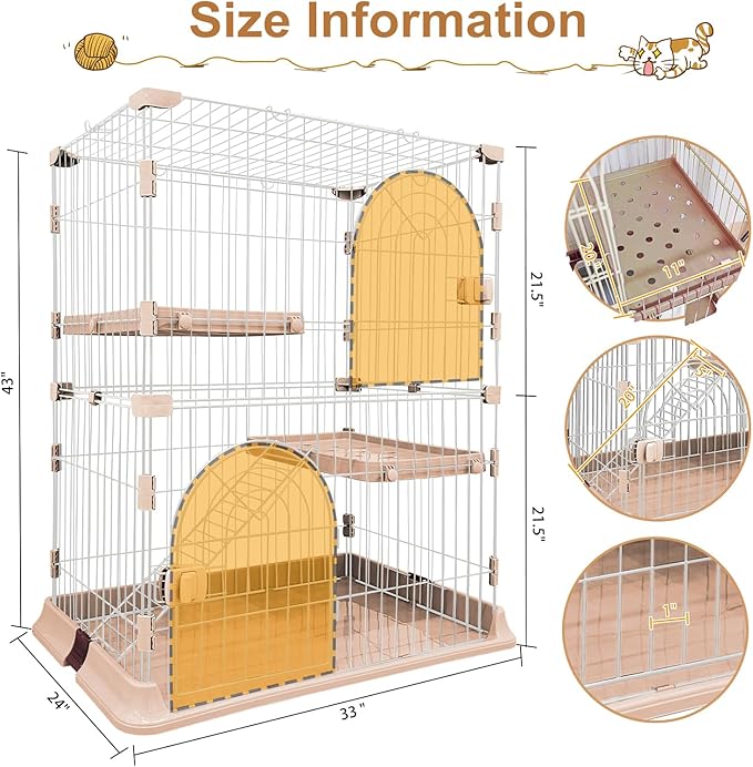 Cat Cage 2-Tier Indoor Cat Enclosure with Widen Bottom Buckle & Reinforced Locking Clamps DlY Cat Playpen for 1-2 Cats & Small Pets,33" Lx 24" W X 43" H (Pink, Two-Tier43)