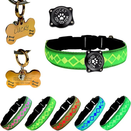 LED Dog Collar with AirTag Holder and Custom ID Tag, 15 Light Modes, Waterproof, Multiple Colors (GREEN, S(7.87-11.8"))