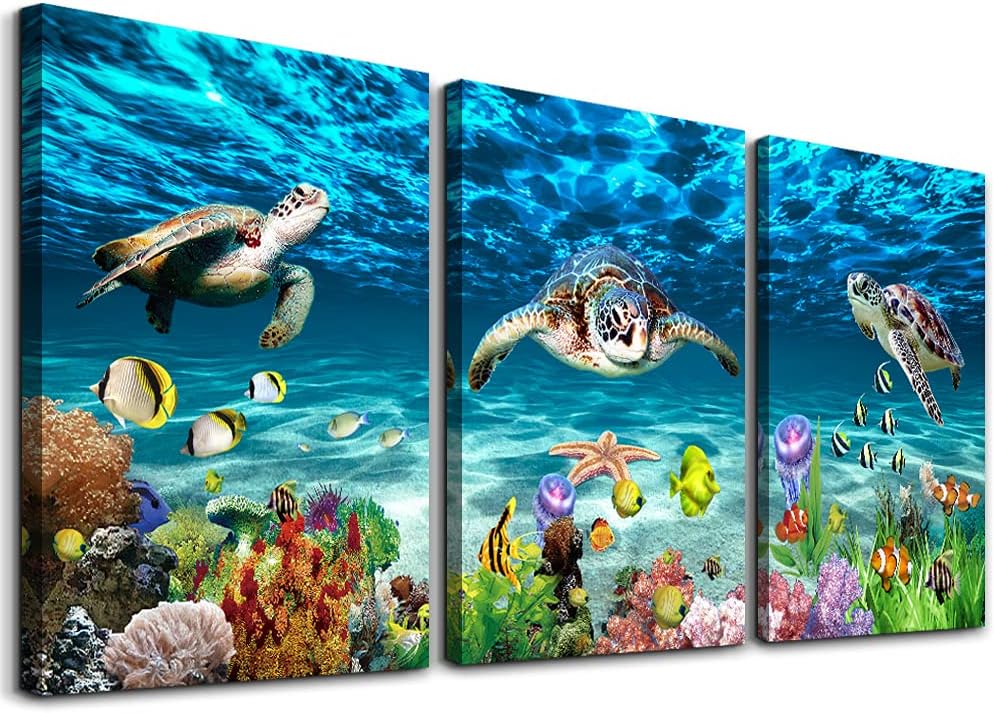 AHUASJART Canvas Wall Art for Living Room family Wall decor for Bedroom Bathroom Wall Decoration blue Ocean Sea Turtle Paintings Modern shark Pictures Artwork office Ready to Hang 12" x 16" 3 Piece