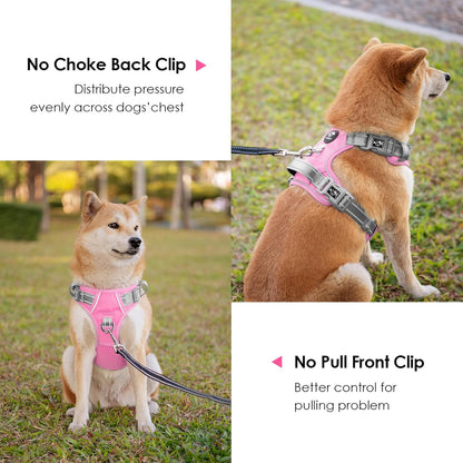 PHOEPET No Pull Dog Harness, Unique Colors Reflective Adjustable Dog Vest, with Soft Training Handle Metal Clips for Small Medium Large Dogs (Baby Pink Base & Grey Straps,L)