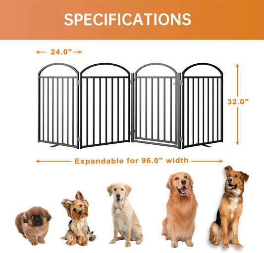 4 Panles Full Matel Freestanding Dog Gates with Door, 96"Extra Wide 32"Tall Free Standing Dog Pet Gate for Indoor & Outdoor. Foldable Pet Fences for Doorways, House, Stairs, Porch, Deck, Yard