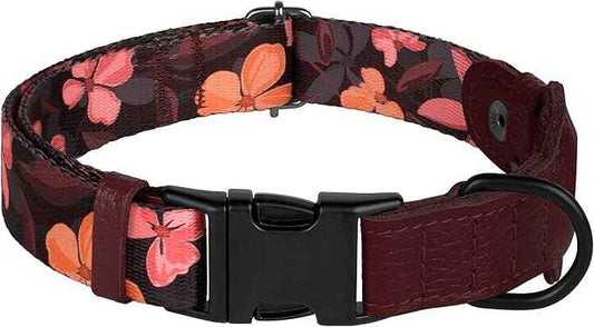 AirTag Dog Collar with Metal Buckle - Printed Nylon Soft Leather Dog Collar with Apple AirTag Holder - Secure Tracking GPS Pet Collars for Girl Boy Small Large Dogs (L, 17"-21" Neck Fit, Crossandra)