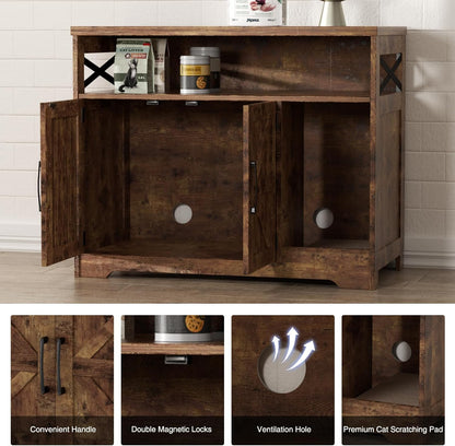 Cat Litter Box Enclosure, Hidden Litter Box Furniture with Scratch Pad, Farmhouse Indoor Cat House Washroom End Table, Rustic Brown