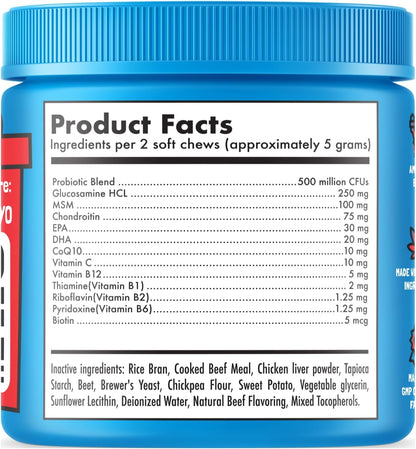 Dog Vitamins - 120 Multivitamins Chews w/Glucosamine Chondroitin, Probiotics Digestive Enzymes and Omegas - Supplement for Overall Health - Joint Support, Immune Health, Skin and Heart Health
