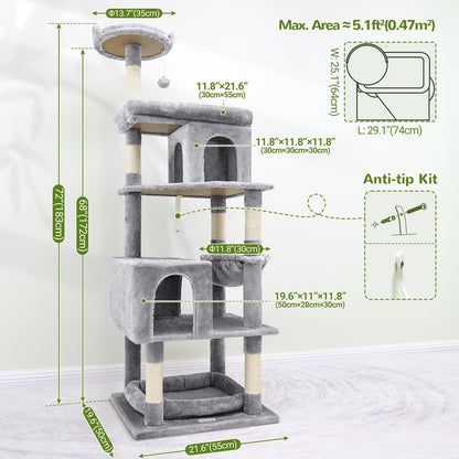 Globlazer Heavy Duty Cat Trees for Large Cats, Sturdy 72in Maine Coon Cat Tree for Large Cats 20 lbs+ Heavy Duty Cat Tower for Adult Biggest Cat with 6 Scratching Posts, Hammock, S72, Light Grey