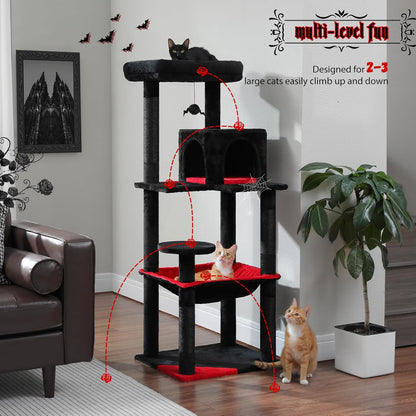 PETEPELA 56.3" Gothic Cat Tree for Indoor Cats, Tall Cat Tower with Super Large Hammock (20"X16"), Sisal Covered Scratching Posts, Cozy Condo and Top Perch Black