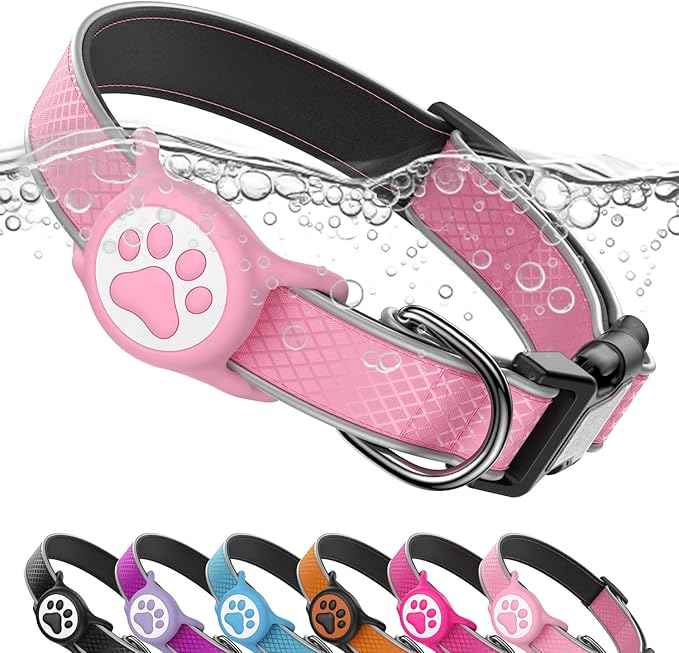 Airtag Dog Collar, IPX8 Waterproof Air Tag Dog Collar Holder | Reflective Ultra-Durable | Soft Padded | Safety Locking Buckle | Fit Miedium Dogs (Neon Pink M(12.6"-19.6"))