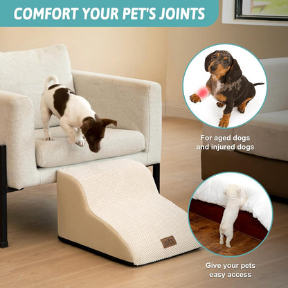 Dog Stairs for Small Dogs 11.8" H, Pet Step with Leakproof Cover, High Density Foam Cat Ramp for Chair or Sofa, Lightweight, Durable, Comfort, 15.7x19.7x11.8 inch, 2 Tiers, Beige - Pawvie