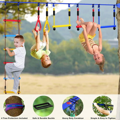 2x65 FT Ninja Warrior Obstacle Course for Kids with 13 Ninja Accessories - 600lbs Weight Capacity, Slackline with Swing Seat, Disc Swing, Ninja Wheel, Rope Ladder, Monkey Bar, Ninja Ring, Arm Trainer