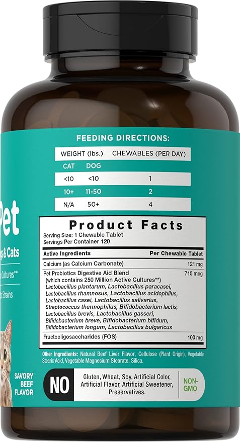 Horbaach Probiotics for Dogs & Cats | Digestive Health Pet Supplement | 120 Chewable Tablets | with 14 Probiotic Strains | Savory Beef Flavor | by River & RULA