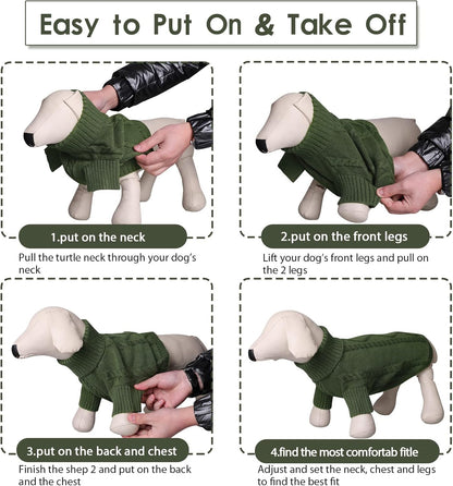 Queenmore Small Dog Pullover Sweater, Cold Weather Cable Knitwear, Classic Turtleneck Thick Warm Clothes for Chihuahua, Bulldog, Dachshund, Pug (Army Green, Medium)