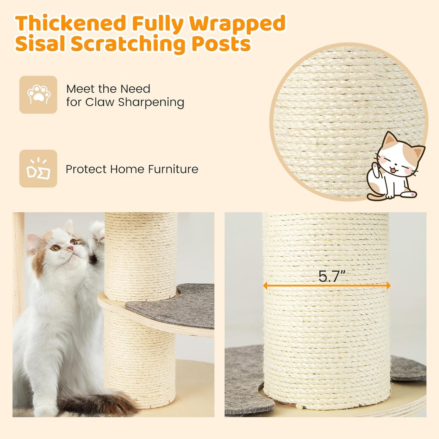 Tangkula Wood Cat Tree, 47 Inch Multi-Layer Cat Tower with 5.7” Thicker Sisal Covered Scratching Posts & Carpet, Padded Top Perch, 2 Jumping Platforms, Hammock, Modern Cat Tree Tower for Indoor Cats
