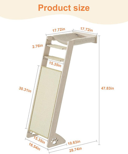 Cat Window Perch with Scratching Pad, 51'' Climbing Tree Include Hammock Cat Ladder with 2 Suction Cups for Sleeping, Playing and Watching Bird