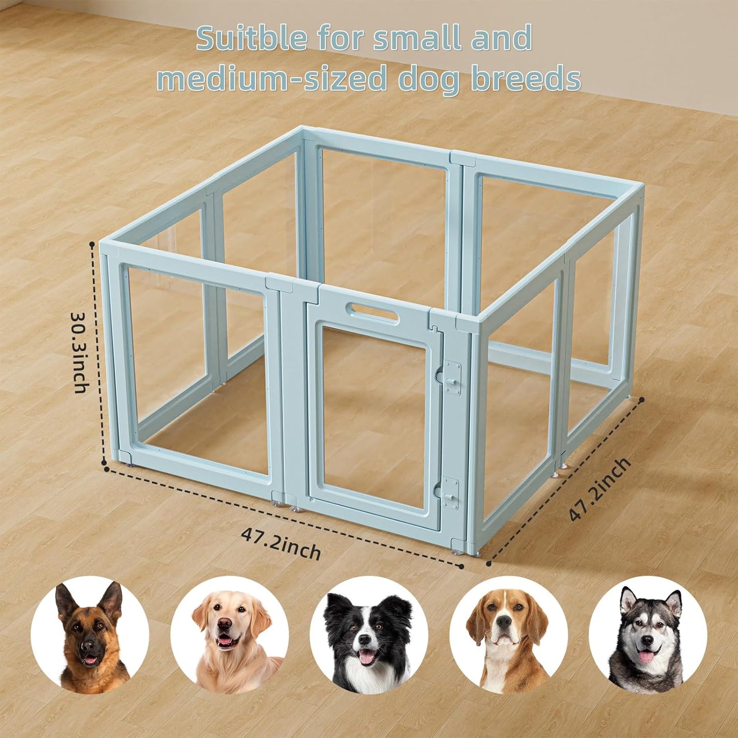 DIY Clear Acrylic Dog Playpen House,Quick Easy Assembly and Disassembly,Strong Floor Suction,Indoor and Outdoor Use,Easy Cleansing Puppy Fence (Sky Blue, 30.3" H, 8PCS)
