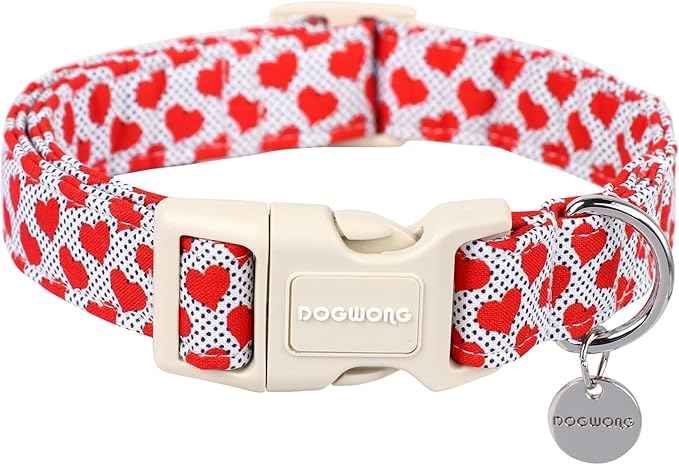 DOGWONG Valentine's Dog Collar - Red Heart Adjustable Cotton Heart Dog Collar - Perfect for Small to Medium Dogs