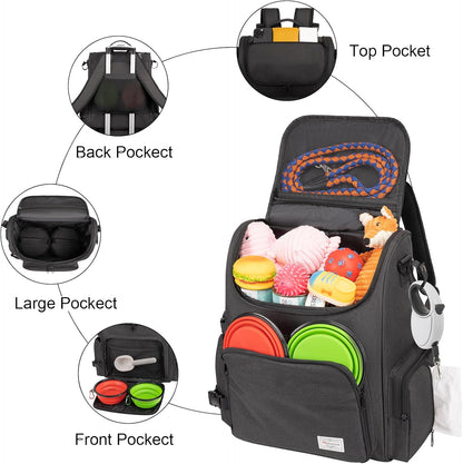 Modoker Dog Travel Bag Backpack, Airline Approved Pet Accessories Organizer for Dog and Cat with Shoulder Strap, 2 Dog Food Storage Containers, 2 Collapsible Dog Bowls,1 Pet Mat, Black - Pawvie