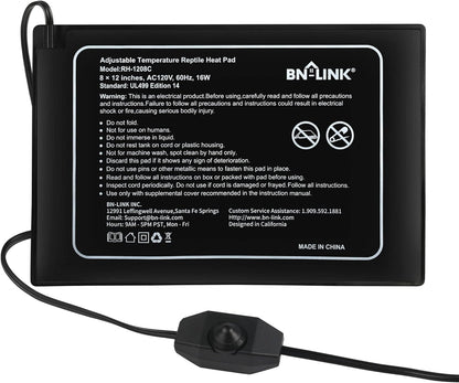BN-LINK Reptile Heating Pad 8" X 12" with Adjust Knob, Adjustable Temperature Electric Indoor Under Tank Terrarium Heating Mat Waterproof for Turtles, Lizards, Frogs, and Other Reptiles
