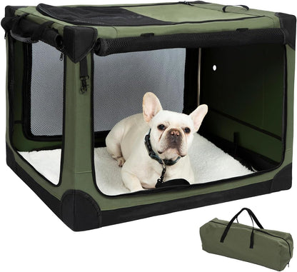 Pettycare Portable Travel Dog Crate 4-Door Soft Sided 30 Inch Collapsible Dog Crate with Curtains Durable Mesh Foldable Pet Kennel Soft Crates for Medium Dogs Indoor & Outdoor Olive Green
