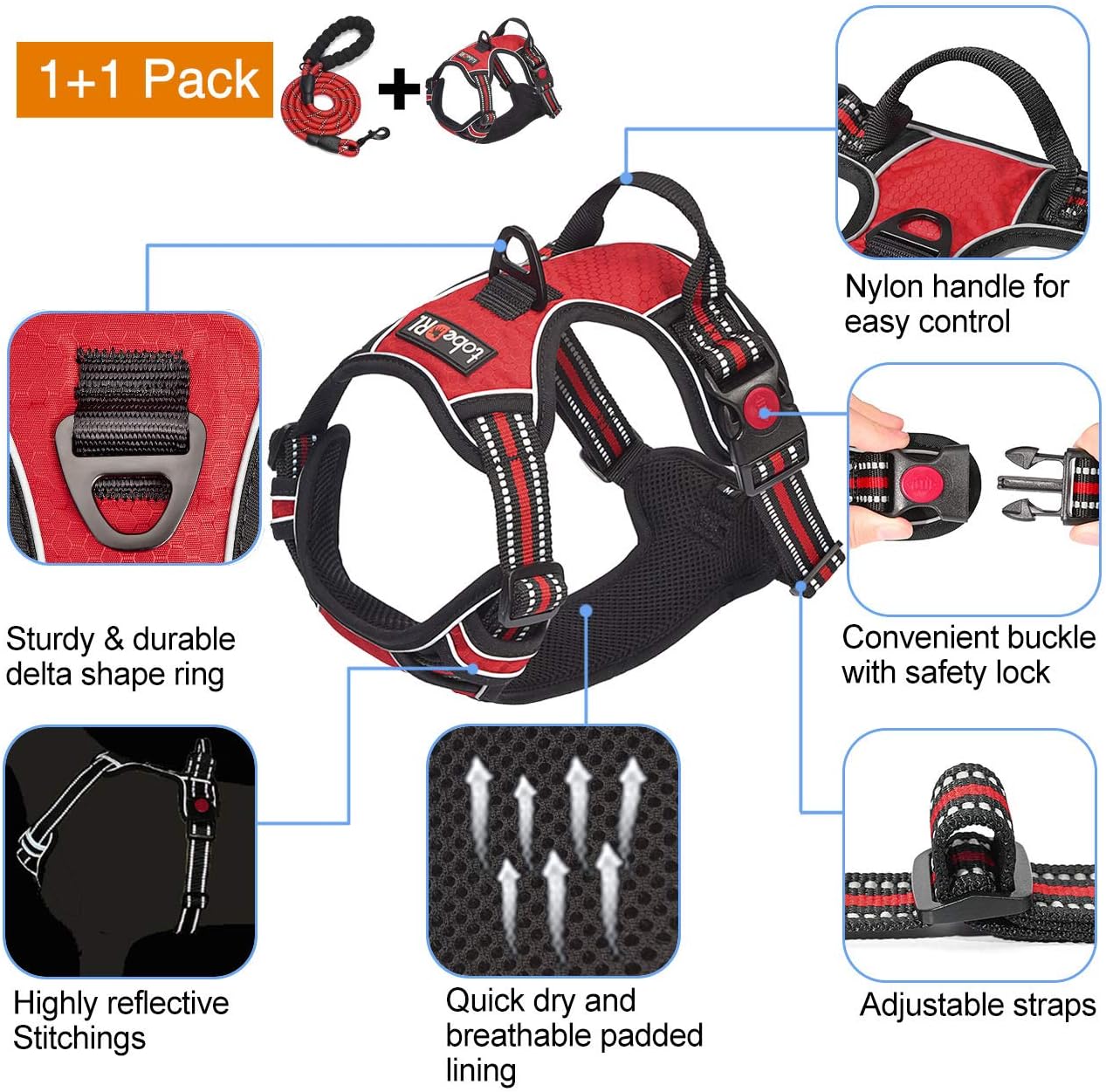 No Pull Dog Harness Adjustable Reflective Oxford Easy Control Medium Large Dog Harness with A Free Heavy Duty 5ft Dog Leash (S (Chest: 17.5"-21"), Red Harness+Leash)