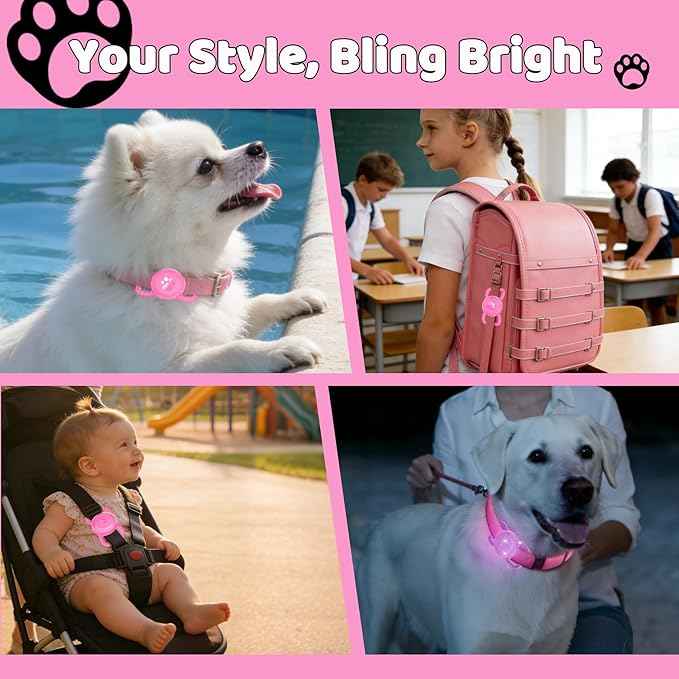 SANKALA Luminous Airtag Dog Collar Holder, [1 Pack] Glittery Waterproof Airtag Holder for Dog, Silicone Full Body Covered Anti-Lost Protective Airtag Case - Fits All Width Pet Collars, Pink Glitter