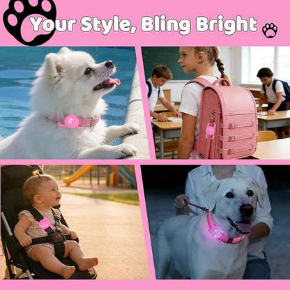 SANKALA Luminous Airtag Dog Collar Holder, [1 Pack] Glittery Waterproof Airtag Holder for Dog, Silicone Full Body Covered Anti-Lost Protective Airtag Case - Fits All Width Pet Collars, Pink Glitter