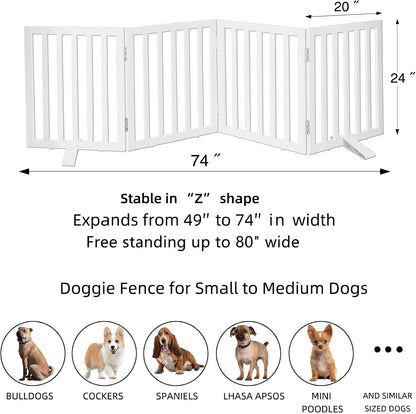 ZJSF Freestanding Indoor Dog Gate for House Foldable Wood White Puppy Gate for Doorways Pet Gate for Stairs Extra Wide Pet Fence 24" Height 4 Panels