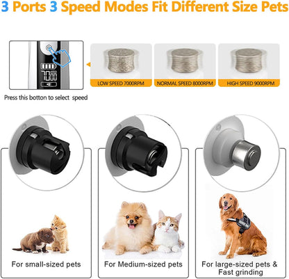 Heusom Silent Groom Pro Nail Grinder Cordless for Small Large Dogs - 3 Speeds Quiet Cat Dog Nail Trimmer with 2 LED Lights, 2000mAh Rechargeable for Thick Nails with Replacement Heads (1pc+1 Head)