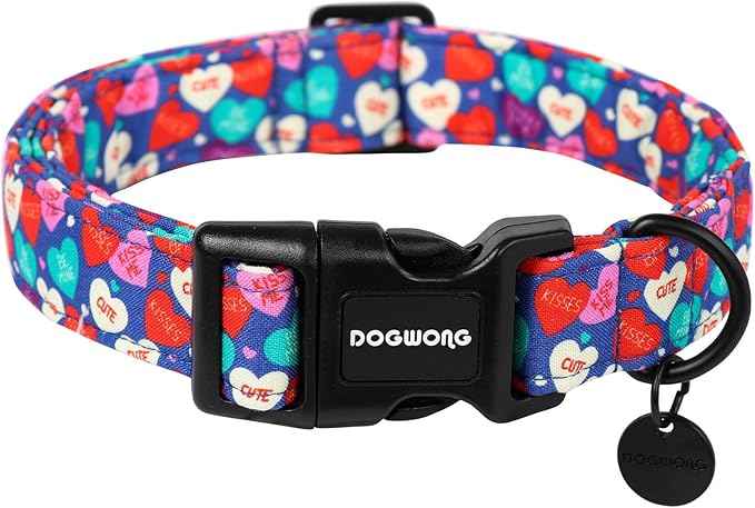 DOGWONG Valentine's Dog Collar - Blue Heart Candy Adjustable Cotton Heart Dog Collar - Perfect for Small, Medium, Large Dogs