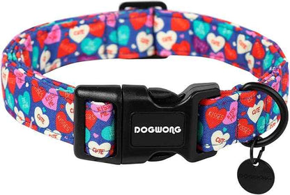 DOGWONG Valentine's Dog Collar - Blue Heart Candy Adjustable Cotton Heart Dog Collar - Perfect for Small, Medium, Large Dogs