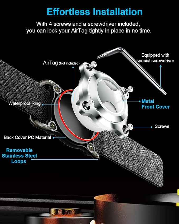 Air Tag Dog Collar Holder | Waterproof Airtag Holder for Dog Collar - Air Tag Collar for Dogs with Metal Cover, Removable Loop, Chew Proof, Heavy Duty (1 Pack Black, L (Width3cm/ Thick4.5mm))