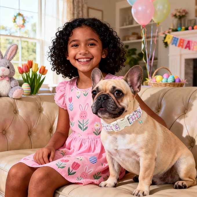 DOGWONG Easter Dog Collar-Cute Easter Bunny Dog Collar, Adjustable Bow&Rabbit Pet Collars Puppy Collar Gifts with Quick Release Buckle for Girl&Boy Dogs,S