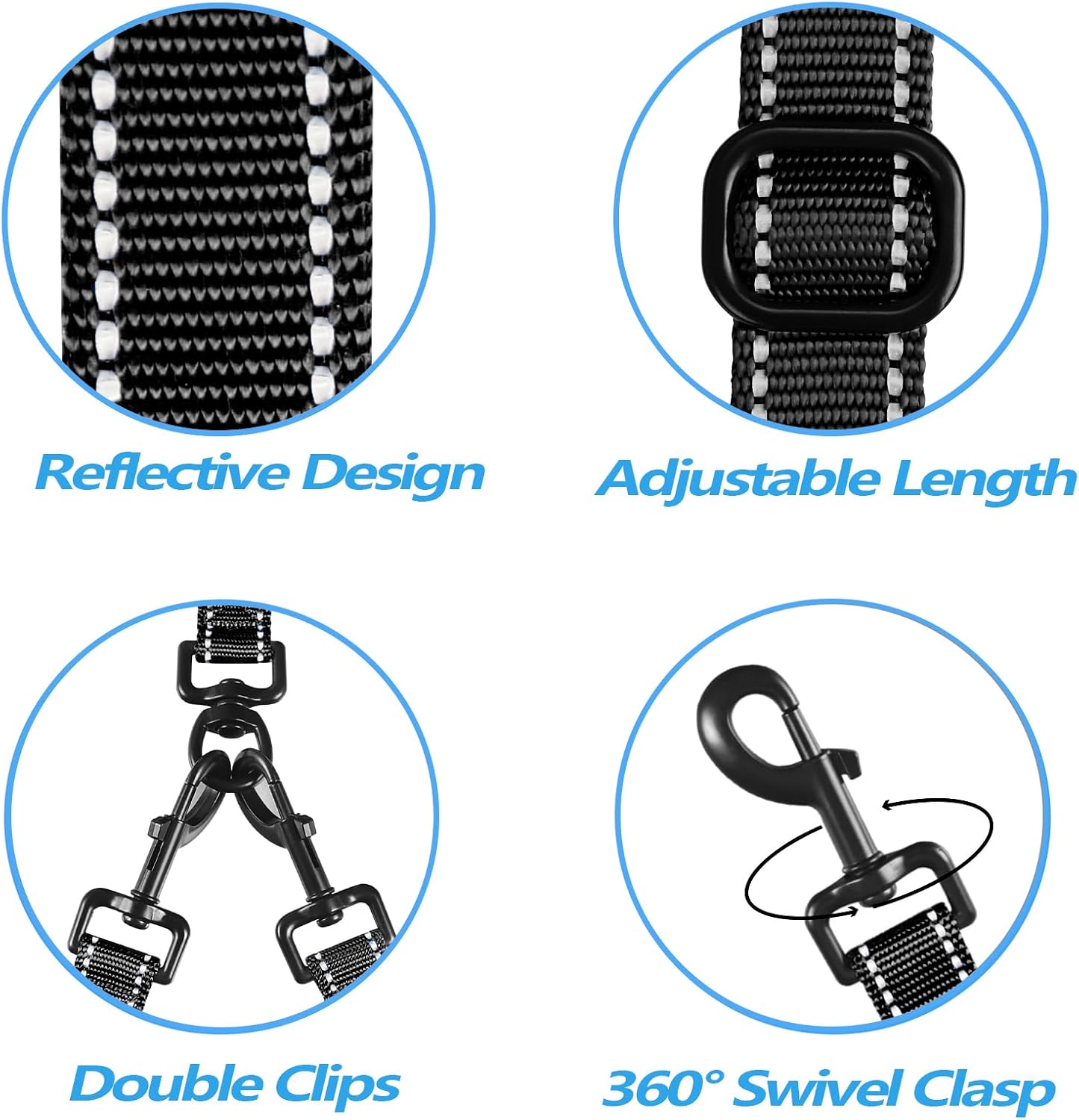 PetBonus Double Dog Leash, No Tangle Dual Leash, Reflective Walking Training Lead, 4 Comfortable Padded Handles for 2 Dogs with Collapsible Bowl and Waste Bags (Black, Large)