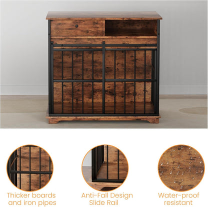 35.5" Dog Crate Furniture, Wooden Dog Crate Furniture for Medium Small Dogs, Wooden Dog Kennel End Table with Drawer and Open Shelves, Sliding Door Dog Kennel Furniture