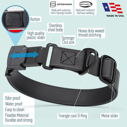 Dogline Biothane Waterproof Dog Collar with Herm Sprenger Stainless Steel Quick Release Buckle – Heavy Duty Tactical Durable Collar for Dogs – Comfortable and Safe Pet Collar, W 3/4" L 12-19", Black