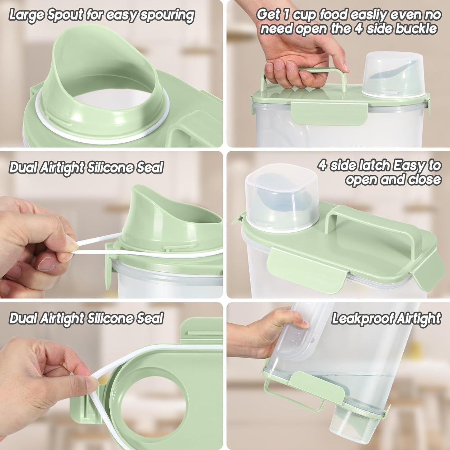 5-7Lbs Dog Cat Food Storage Container with Upgraded Large Nozzle BPA-free, 4 Snap Seals Plastic Pet Food Storage Containers with Handles (3, Light Green, 5L)