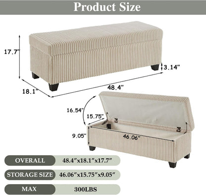 48" Ottoman with Storage, Corduroy Storage Ottoman Bench for Bedroom, End of Bed Bench with Safety Hinge for Living Room, Bedroom, Entryway, Beige